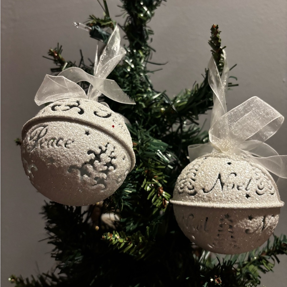 Set of 2 Metal snow covered glittering White Holiday Jingle Bells w/white Ribbon